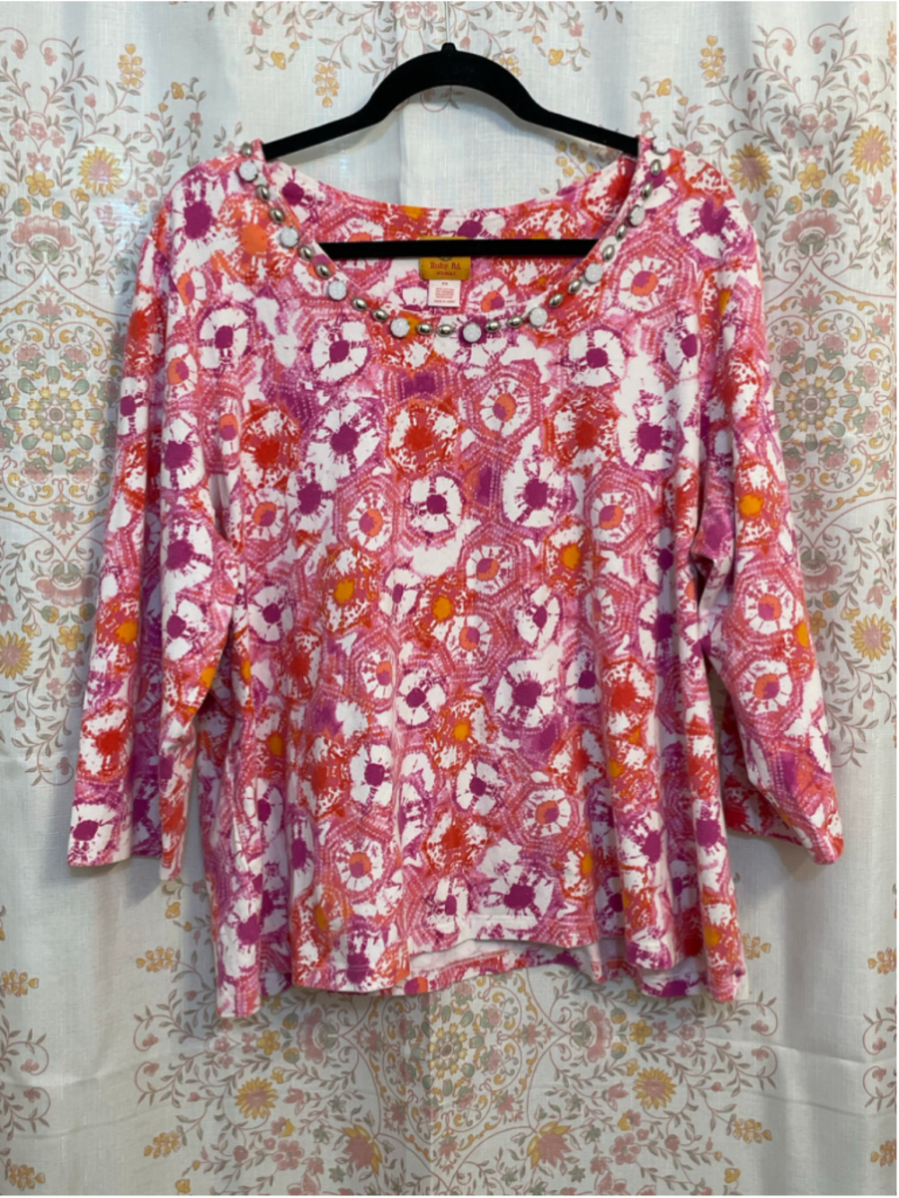 Ruby Rd. Woman Plus Size 2X Vibrant Pink Geometric Print Top 3/4 Sleeve